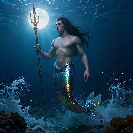 Photorealistic digital artwork of a muscular, blue-scaled merman with long dark hair, holding a trident, swimming underwater under a bright moon