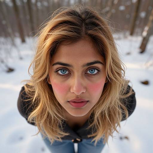 Close-up photograph of a young woman with striking blue eyes, blonde wavy hair, pink cheeks, black jacket, and blue jeans, looking up from