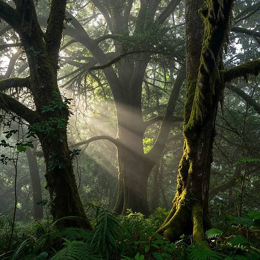 Photograph of a dense, misty forest with sunlight streaming through tall, moss-covered trees, casting ethereal rays and highlighting lush green ferns on