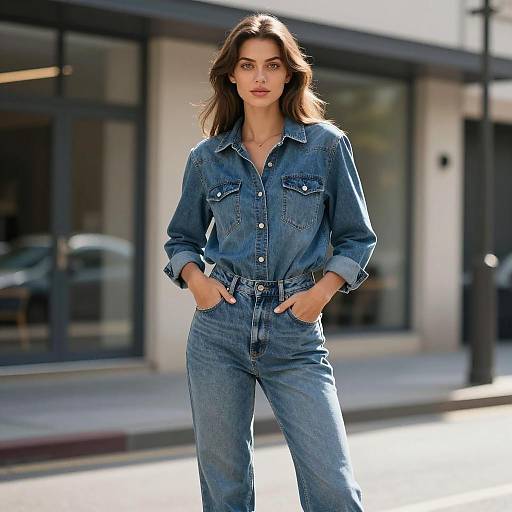 Young Woman in Denim Outfit Standing Outdoors
