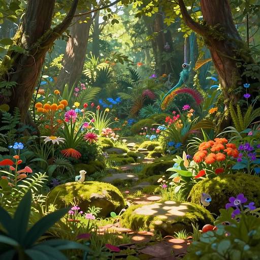 Vibrant digital forest scene with colorful flowers, lush greenery, sunlight filtering through trees, and a hidden pathway amidst whimsical blooms.