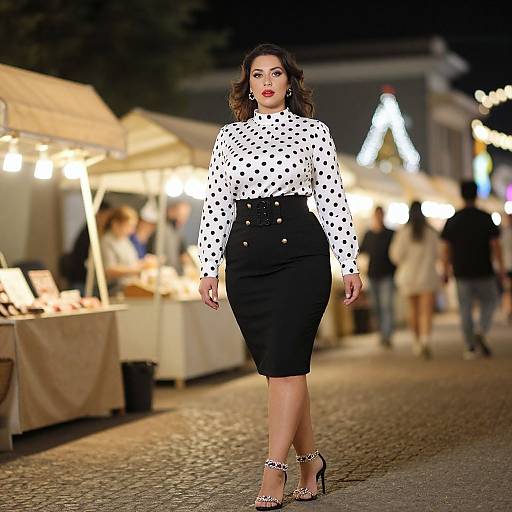 Photograph of a curvy woman with medium brown skin and wavy dark hair, wearing a white polka dot blouse, black high-waisted
