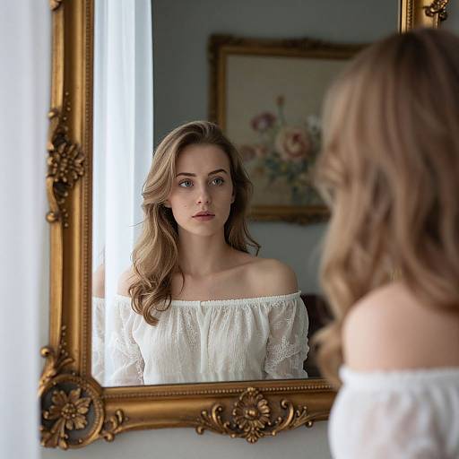 Photograph of a woman with wavy brown hair, wearing an off-shoulder white lace top, standing before an ornate gold-framed mirror