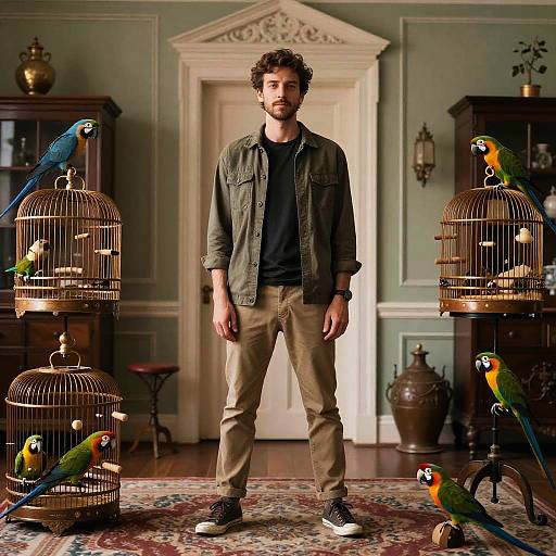 Photograph of a curly-haired man in a green jacket and beige pants, standing in a vintage room with colorful parrots in ornate birdcages