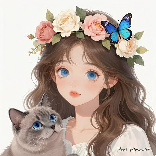 Whimsical Girl with Cat and Floral Crown
