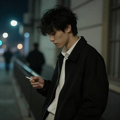 Moody Young Man on Dimly Lit Balcony