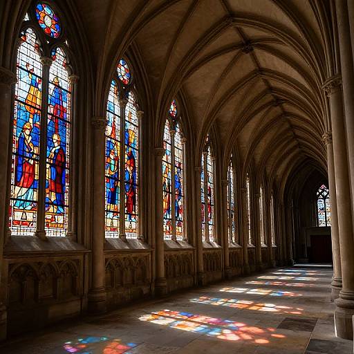 Photograph of a Gothic-style cathedral corridor with vibrant stained glass windows casting colorful light patterns on the stone floor.