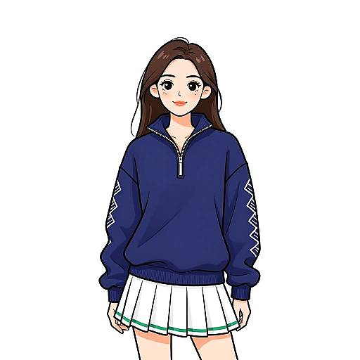 Digital anime-style drawing of a cute, smiling young woman with long brown hair, wearing a navy zip-up hoodie and white pleated skirt.