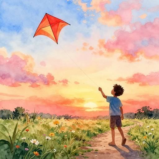Watercolor Boy Flying Kite at Sunset
