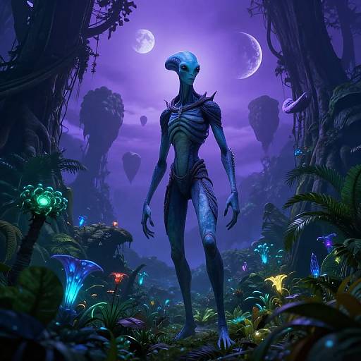 Digital artwork of a blue, alien humanoid standing in a neon-lit, bioluminescent forest under a purple moonlit sky with crescent moons