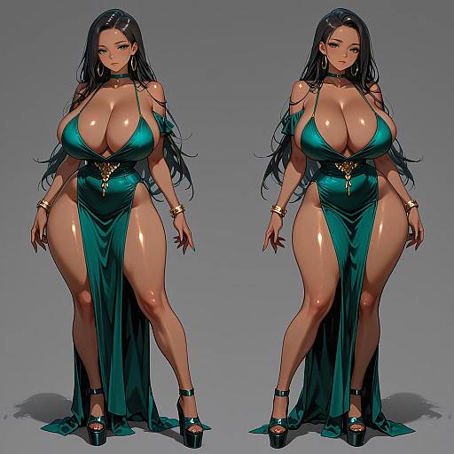 Curvy Dark-Skinned Woman in Green Dress