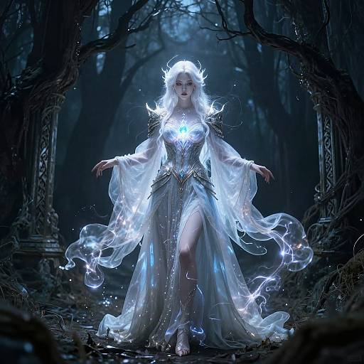 Digital fantasy artwork of a glowing, white-haired woman in an ethereal, flowing, translucent gown, standing in a dark, enchanted forest.
