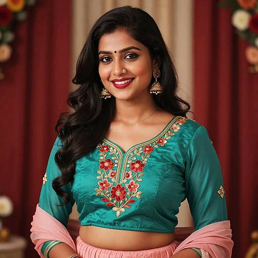 Photograph of a smiling Indian woman with long black hair, wearing a teal embroidered blouse, pink dupatta, and gold earrings, against a red and