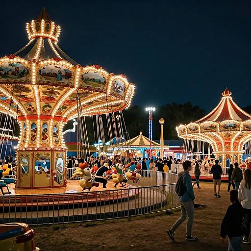 Nighttime photograph of a brightly lit, colorful carnival with two illuminated carousel rides, crowds of people, and festive lights against a dark sky.