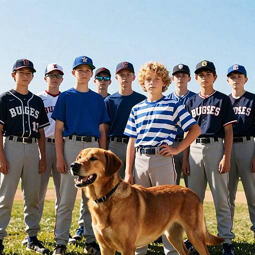 Youth Baseball Team with Dog on Field