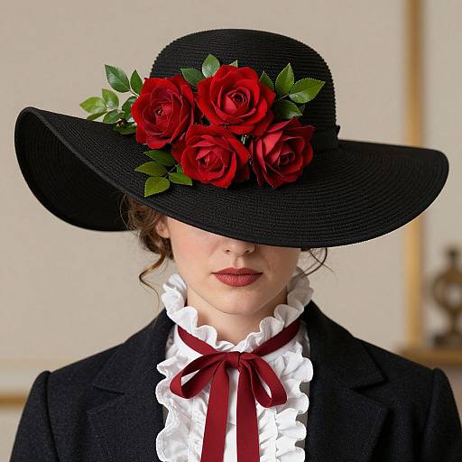Photograph of a woman with fair skin, red lipstick, black hat adorned with red roses and green leaves, wearing a black jacket and white ruffled