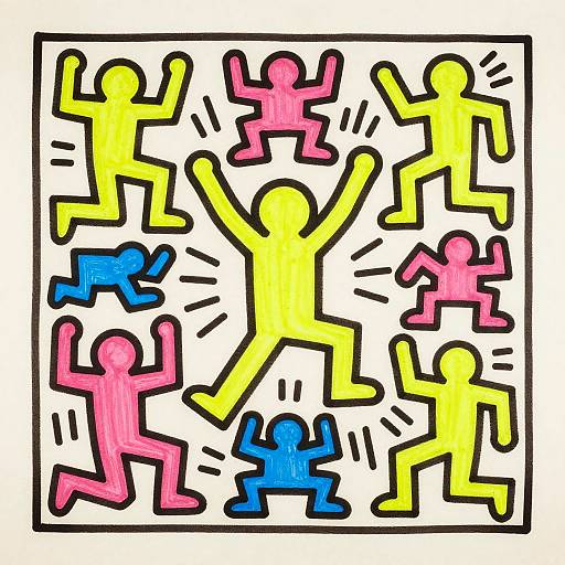 Colorful, abstract drawing of eight stylized, cartoon-like human figures in yellow, pink, and blue, raising arms within a white square border.