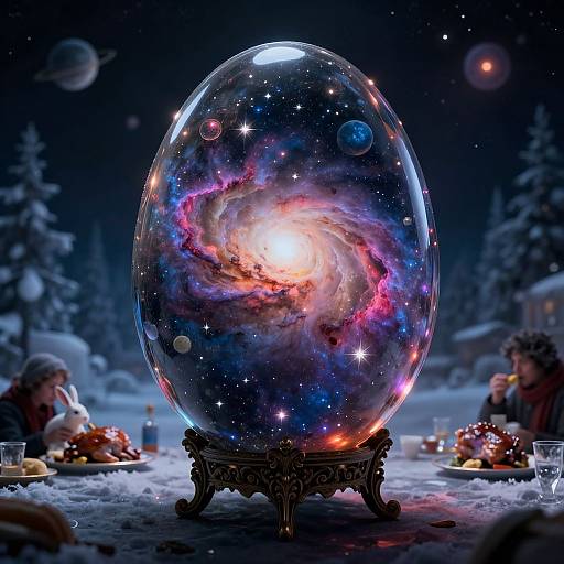 Photorealistic CGI: A glowing, galaxy-filled snow globe on an ornate stand, set in a starry winter night scene with two people dining