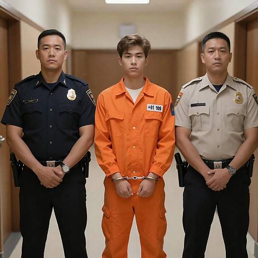 Prisoner with Two Police Officers in Hallway