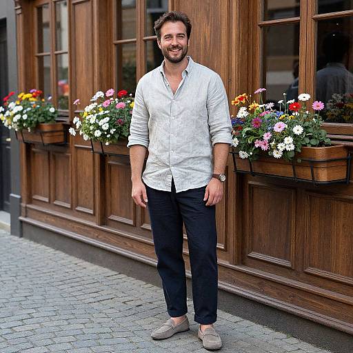 Photograph of a bearded man with short brown hair, wearing a white button-up shirt, black pants, and gray shoes, standing in front of