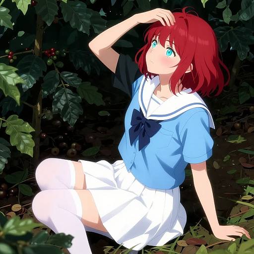 Anime-style digital drawing of a red-haired girl with blue eyes, wearing a blue sailor uniform and white skirt, sitting in lush, dark green foliage.