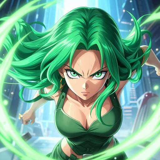 Digital anime-style illustration of a fierce green-haired woman with glowing eyes, wearing a green top, casting a bright green energy ring. Cityscape background.