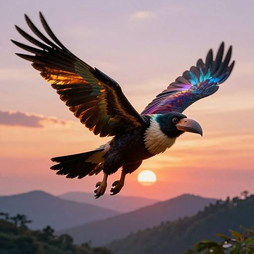 Photograph of a vibrant, multicolored hawk with glowing blue and purple feathers flying against a picturesque sunset over mountains.