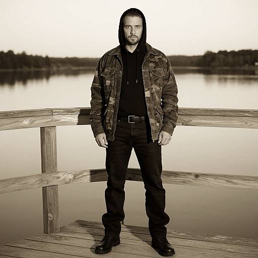 Photograph of a serious, bearded man in a camo jacket and black hoodie, standing on a wooden dock by a calm lake. High contrast