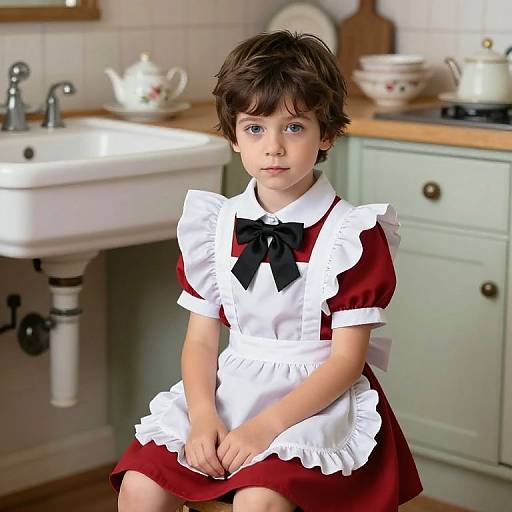 Photorealistic CGI of a young boy with brown hair, blue eyes, wearing a red and white maid dress, sitting in a vintage kitchen.