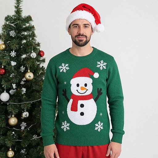 Photograph of a bearded man in a Santa hat, green snowman sweater, and red pants, standing in front of a decorated Christmas tree.
