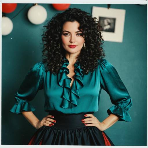 Woman in Ruffled Teal Silk Blouse