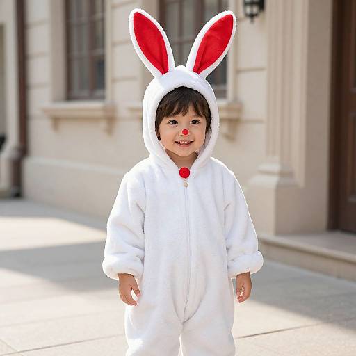 Photograph of a smiling toddler in a white bunny costume with red ears, red nose, and standing on a sunlit sidewalk.