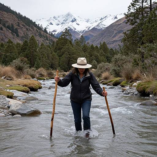 Photograph of a woman in a wide-brimmed hat, black jacket, and blue jeans wading through a mountain stream with wooden poles, surrounded