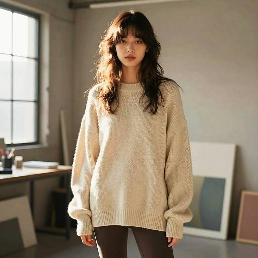 Photograph of an Asian woman with long, wavy black hair, wearing a cream, oversized knit sweater, standing in a sunlit, industrial-style