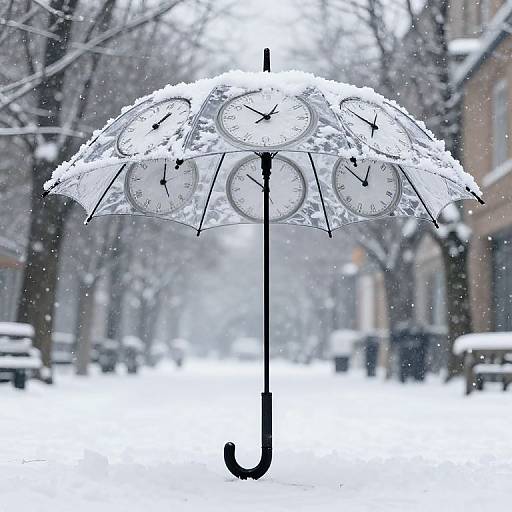 Photograph of a snow-covered transparent umbrella with clock faces, standing upright in a snowy street, blurred buildings and trees in background.