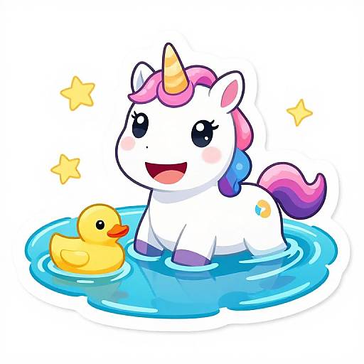 Happy Unicorn Swimming with Rubber Ducky