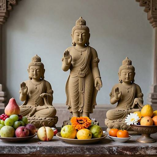 Photograph of three stone Buddha statues, adorned with intricate headdresses, standing and sitting, surrounded by colorful fruits and flowers on a marble altar.