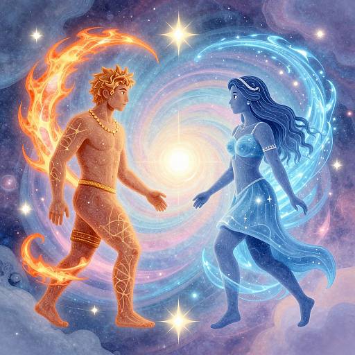 Digital art: Muscular, fire-encircled male confronts ethereal, blue-aura female in cosmic, star-filled background, swirling energies