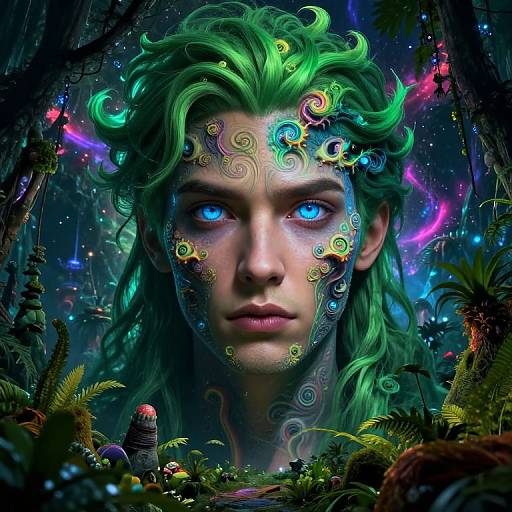 Digital art of a mystical green-haired woman with glowing blue eyes, intricate neon face markings, in a vibrant, enchanted forest.