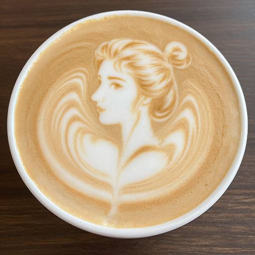 Photograph of a latte art portrait in a white cup, featuring a detailed, swirling, blonde-haired woman's profile on a dark wooden table.