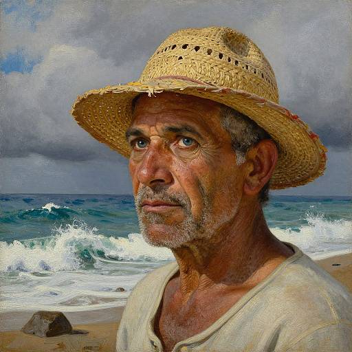 Photorealistic painting of an older, tanned man with a weathered face, gray beard, and straw hat, standing on a beach with crashing