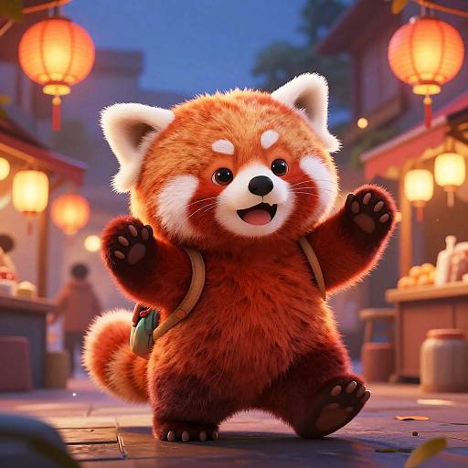 CGI image of a cute, fluffy red panda with a small backpack, standing in a nighttime Asian market street, surrounded by glowing lanterns and blurred