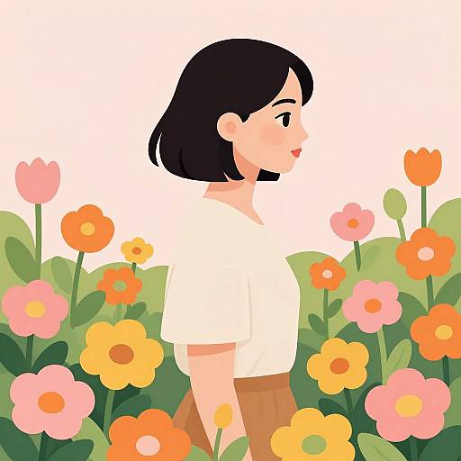 Digital illustration of a young woman with short black hair, white shirt, and brown pants, standing in a vibrant flower field with pink, orange, and