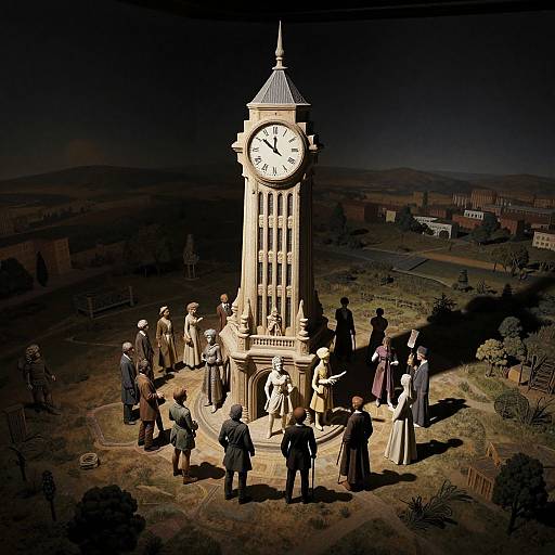 Photograph of a clock tower at night, surrounded by people in vintage clothing, with dark, shadowy landscape in the background.