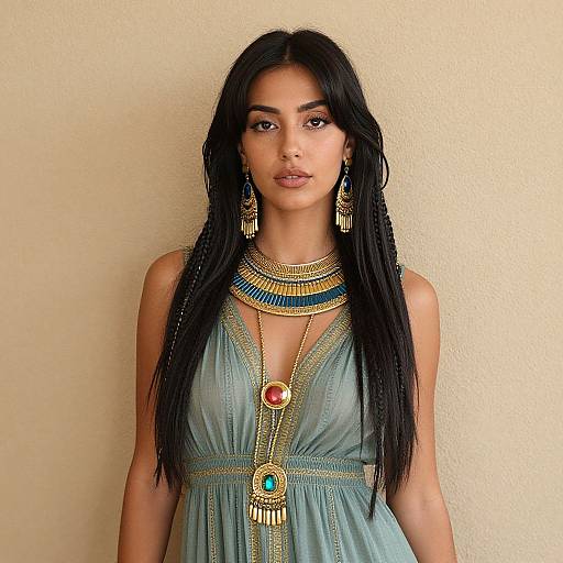 Photograph of a beautiful South Asian woman with long black hair, wearing a light blue, sleeveless dress with gold and blue jewelry, standing against a