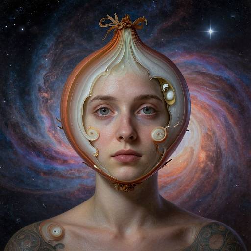 Digital artwork of a young woman with pale skin, blue eyes, and bare shoulders, wearing a decorative, ornate, pear-shaped headpiece, set