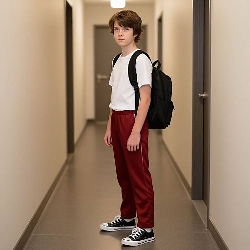 Photograph of a young boy with brown hair, wearing a white t-shirt, red pants, black sneakers, and a black backpack, standing in a