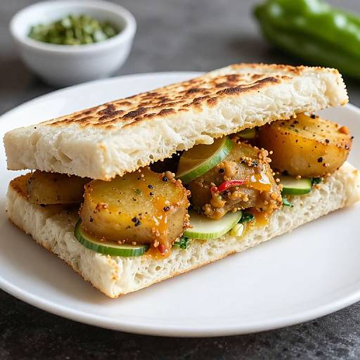 Photograph of a grilled sandwich filled with crispy fried chicken, green cucumber slices, and herbs, served on a white plate.