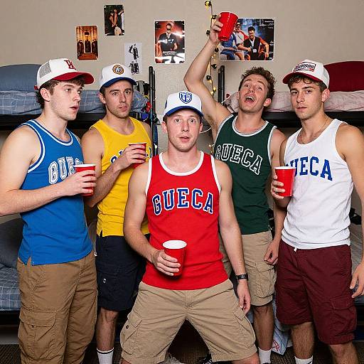 Photograph of five young men in sports jerseys, caps, and shorts, holding red cups, celebrating in a dorm room with photos on the wall.