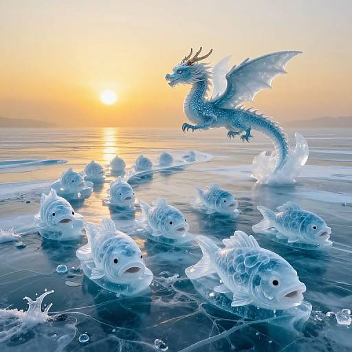 Mythical Dragon Over Frozen Sea Waves
